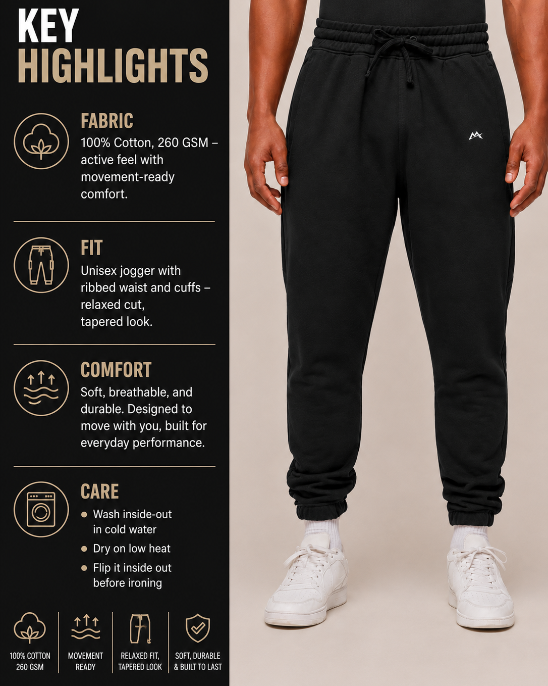 Unisex myattractivethings joggers in black with elastic waistband and cuffs, casual fit, suitable for active wear and lounge.
