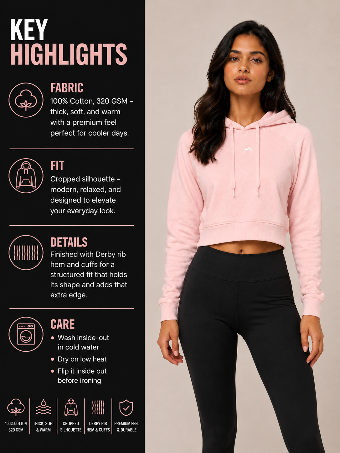 Female cropped hoodie by myattractivethings, soft fabric with long sleeves and a stylish cropped fit, shown on a model.