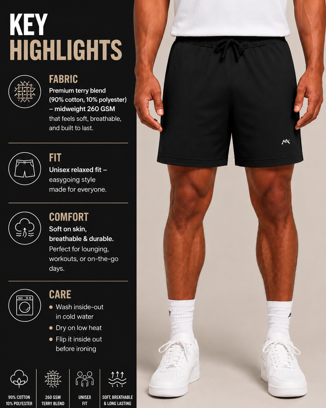 Men's terry shorts in soft, absorbent fabric with an elastic waistband, designed for comfort and casual wear.
