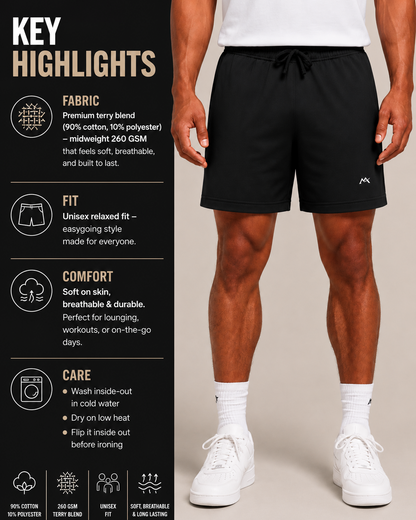 Men's terry shorts in soft, absorbent fabric with an elastic waistband, designed for comfort and casual wear.