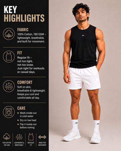Men's sleeveless T-shirt by myattractivethings, casual fit, in vibrant color, shown on a mannequin.