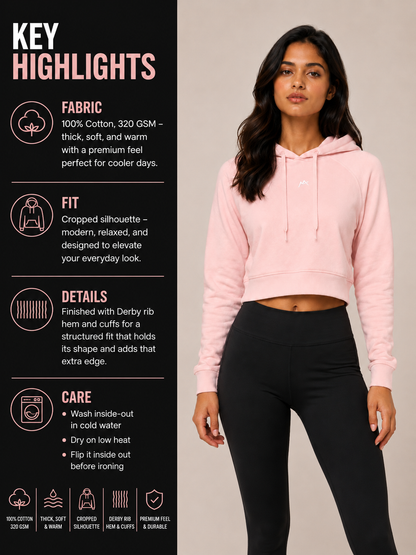 Female cropped hoodie by myattractivethings, soft fabric with long sleeves and a stylish cropped fit, shown on a model.