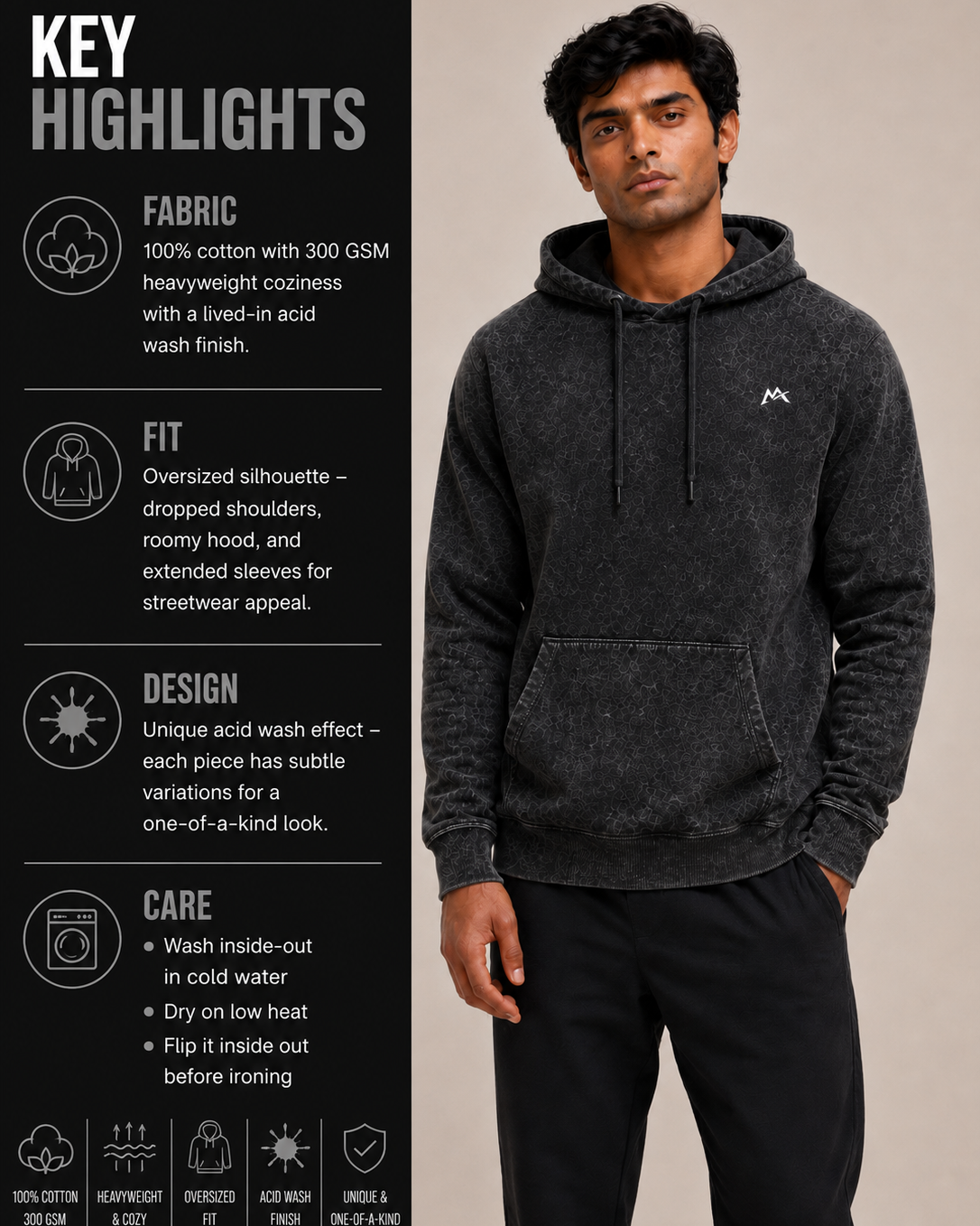 Unisex acid washed hoodie by myattractivethings with a relaxed fit and faded, vintage-style fabric in a casual streetwear look.