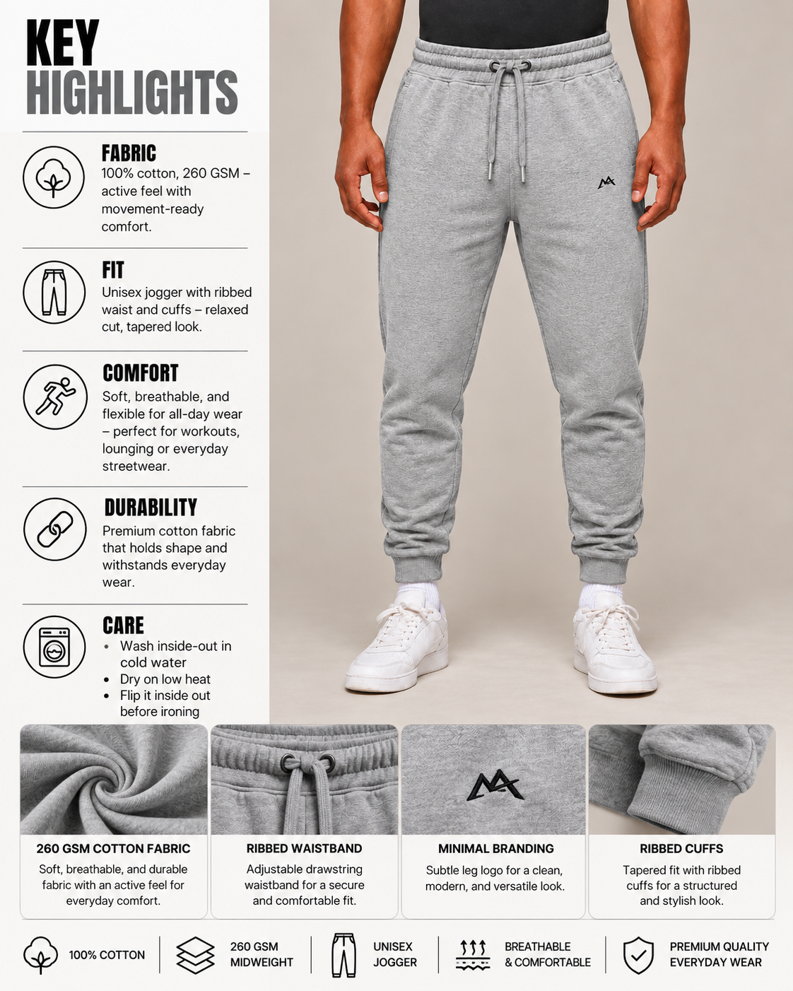 Grey myattractivethings CORE joggers with elastic waistband, drawstring, side pockets, and tapered legs